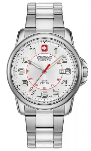 Серебристые швейцарские часы SWISS MILITARY HANOWA 06-5330.04.001 Grenadier с красными акцентами на стальном браслете.