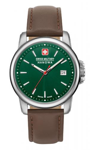 Классические швейцарские часы SWISS MILITARY HANOWA 06-4230.7.04.006 Recruit II с зеленым циферблатом, коричневый ремень.