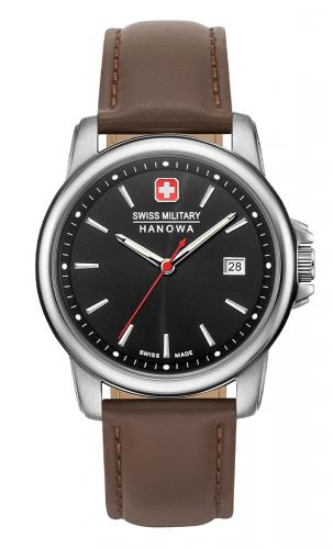 Классические швейцарские часы SWISS MILITARY HANOWA 06-4230.7.04.007 Recruit II с черным циферблатом, коричневый ремень.