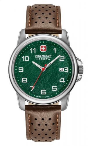 Швейцарские часы SWISS MILITARY HANOWA 06-4231.7.04.006 Rock зеленый циферблат, на перфорированном кожаном ремешке.