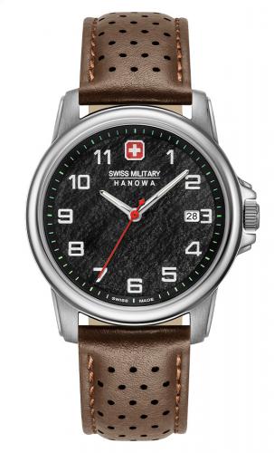 Швейцарские часы SWISS MILITARY HANOWA 06-4231.7.04.007 Rock с черным циферблатом на перфорированном кожаном ремешке.