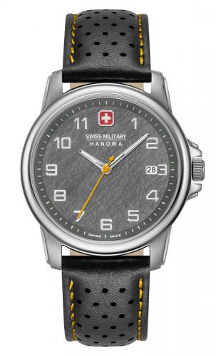 Швейцарские часы SWISS MILITARY HANOWA 06-4231.7.04.009 Rock с серым циферблатом на перфорированном черном ремешке.