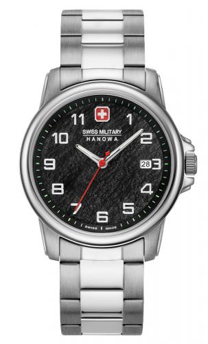 Серебристые швейцарские часы SWISS MILITARY HANOWA 06-5231.7.04.007.10 Rock с датой на черном циферблате, на браслете.