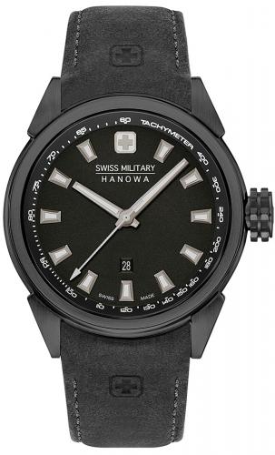 Крупные мужские швейцарские часы SWISS MILITARY HANOWA 06-4321.13.007.07 Platoon черные IP-black с датой на кожаном ремне.