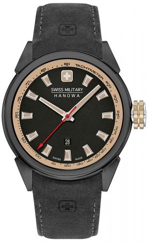 Крупные мужские швейцарские часы SWISS MILITARY HANOWA 06-4321.13.007.14 Platoon черные black & rose gold на кожаном ремне.