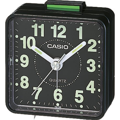 Настольный стрелочный будильник CASIO TQ-140-1EF черный с арабскими цифрами, светонакопители Neobrite, пластиковый.