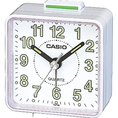 Настольный стрелочный будильник CASIO TQ-140-7EF белый с арабскими цифрами, светонакопители Neobrite, пластиковый.