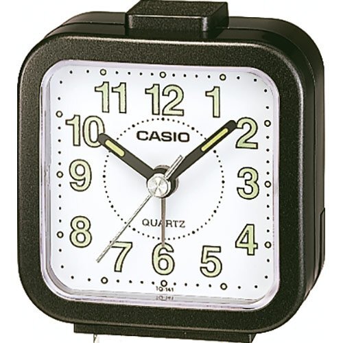 Настольный стрелочный будильник CASIO TQ-141-1EF черный с арабскими цифрами, светонакопители Neobrite, пластиковый.