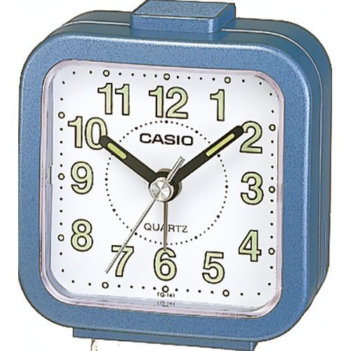 Настольный стрелочный будильник CASIO TQ-141-2EF голубой с арабскими цифрами, светонакопители Neobrite, пластиковый.