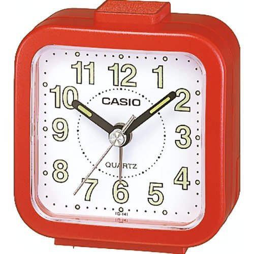 Настольный стрелочный будильник CASIO TQ-141-4EF красный с арабскими цифрами, светонакопители Neobrite, пластиковый.