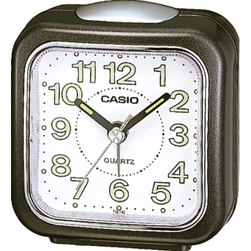 Настольный стрелочный будильник CASIO TQ-142-1EF черный с подсветкой, арабские цифры, светонакопители, пластиковый.