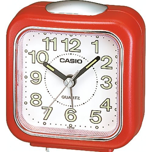Настольный стрелочный будильник CASIO TQ-142-4EF красный с подсветкой, арабские цифры, светонакопители, пластиковый.