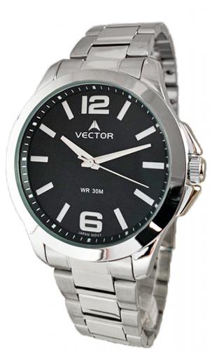 Классические мужские аналоговые часы VECTOR V8-001413 black с арабскими цифрами на черном циферблате, стальной браслет.