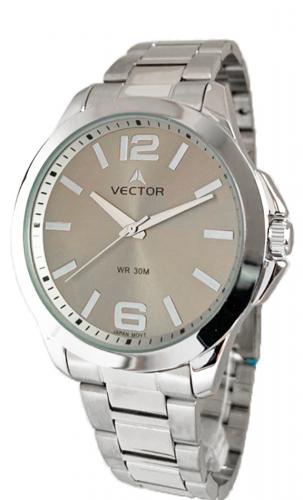 Классические мужские аналоговые часы VECTOR V8-001413 gray с серым циферблатом на стальном браслете, арабские цифры.