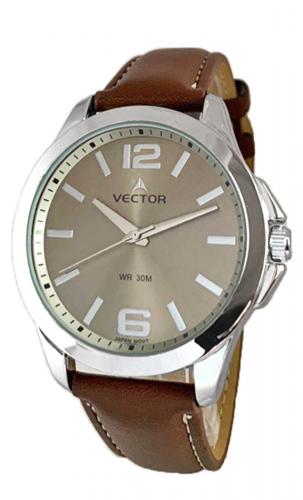 Классические мужские аналоговые часы VECTOR V8-001513 gray с серым циферблатом на коричневом ремне, арабские цифры.