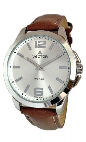 Классические мужские аналоговые часы VECTOR V8-001513 silver серебристые с арабскими цифрами, на коричневом ремне.