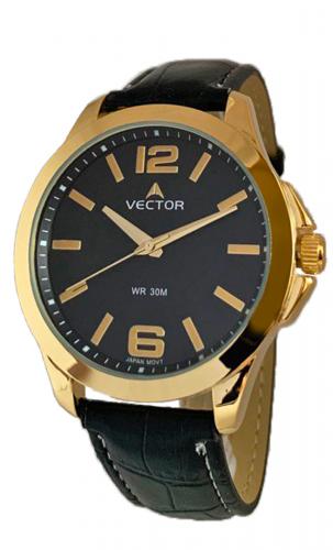 Позолоченные gold классические мужские часы VECTOR V8-001583 black черные на кожаном ремне, арабские цифры, wr30m.