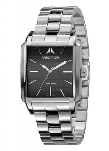 Элегантные мужские часы VECTOR V8-002413 black прямоугольной формы с черным циферблатом на стальном браслете, wr30m.