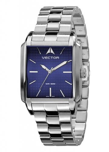 Элегантные мужские часы VECTOR V8-002413 blue прямоугольной формы с синим циферблатом на стальном браслете, wr30m.