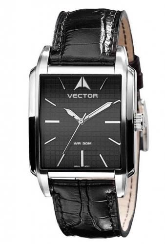 Элегантные прямоугольные мужские часы VECTOR V8-002513 black черные на кожаном ремне со светонакопителем на стрелках.