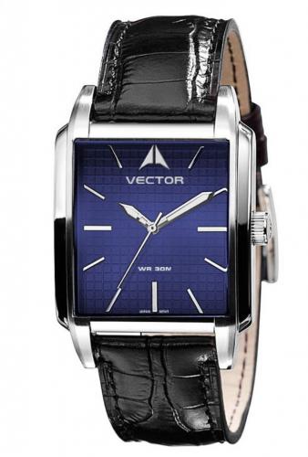 Элегантные мужские часы VECTOR V8-002513 blue прямоугольной формы с синим циферблатом на черном кожаном ремне.