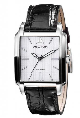 Элегантные мужские часы VECTOR V8-002513 steel прямоугольной формы с белым циферблатом на черном кожаном ремне.