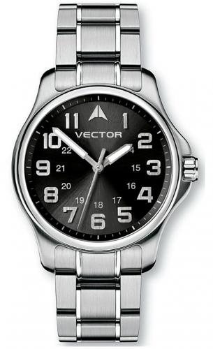 Мужские милитари часы VECTOR V8-017412 black черные с крупными арабскими цифрами на стальном браслете, Neobrite.