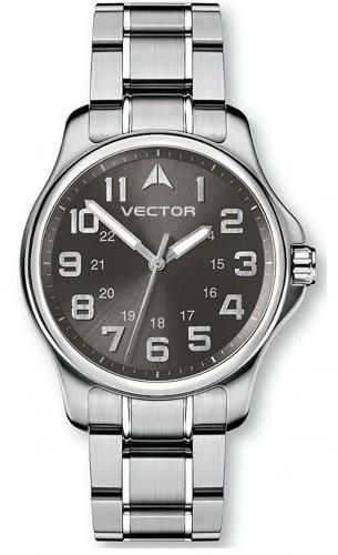Мужские милитари часы VECTOR V8-017412 gray серые с крупными арабскими цифрами на стальном браслете, Neobrite, wr30m.