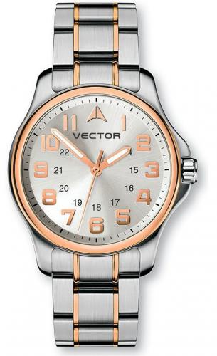 Биколорные мужские милитари часы VECTOR V8-017462 silver серебристые с крупными арабскими цифрами на стальном браслете.