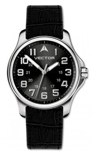 Мужские милитари часы VECTOR V8-017512 black черные с крупными арабскими цифрами на кожаном ремне, Neobrite.