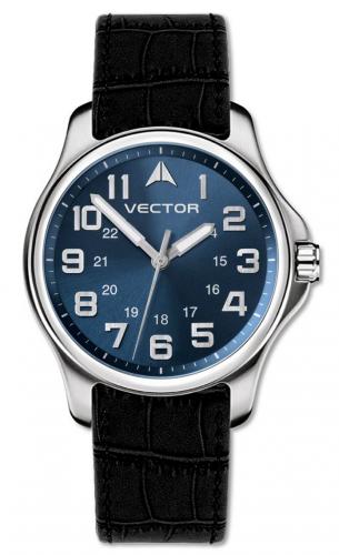Мужские милитари часы VECTOR V8-017512 blue синие с крупными арабскими цифрами на черном кожаном ремне, Neobrite, wr30m.