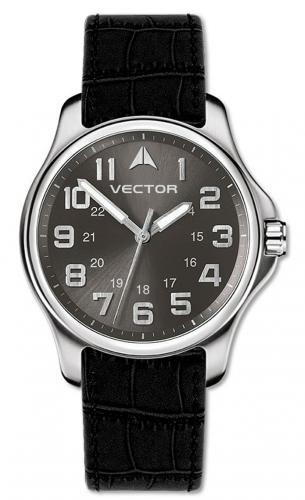 Мужские милитари часы VECTOR V8-017512 gray серые с крупными арабскими цифрами на черном кожаном ремне, Neobrite, wr30m.