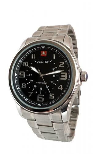 Мужские милитари часы VECTOR V8-018412 black черные с крупными арабскими цифрами на стальном браслете, Neobrite.