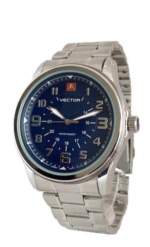 Мужские милитари часы VECTOR V8-018412 blue синие с крупными арабскими цифрами на стальном браслете, Neobrite, wr30m.