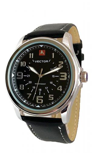 Мужские милитари часы VECTOR V8-018512 black черные с крупными арабскими цифрами на кожаном ремне, Neobrite.