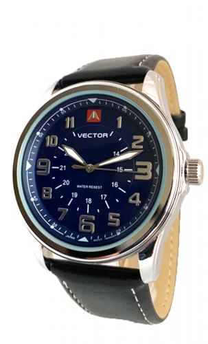 Мужские милитари часы VECTOR V8-018512 blue синие с крупными арабскими цифрами на черном кожаном ремне, Neobrite, wr30m.