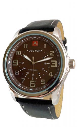 Мужские милитари часы VECTOR V8-0185128 brown коричневые с крупными арабскими цифрами на черном кожаном ремне, wr30m.