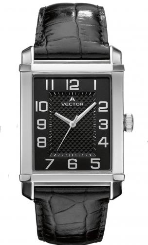 Прямоугольные классические мужские часы VECTOR V8-067512 black черные с арабскими цифрами на кожаном ремешке, wr30m.
