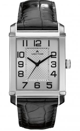 Прямоугольные классические мужские часы VECTOR V8-067512 silver серебристые с цифрами, на черном кожаном ремешке.
