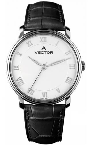 Классические мужские аналоговые часы VECTOR V8-070515 white на черном ремешке, с римскими цифрами на белом циферблате.