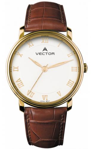 Позолоченные классические мужские часы VECTOR V8-070595 white на коричневом ремешке, с цифрами на белом циферблате.