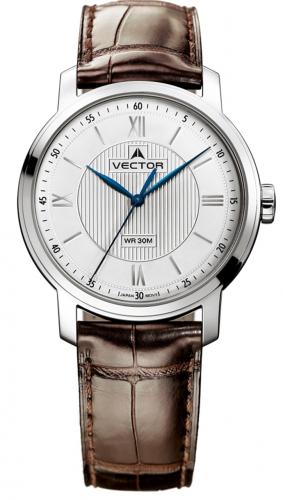 Классические мужские часы VECTOR V8-0715153 steel с синими стрелками на белом циферблате, коричневый кожаный ремешок.