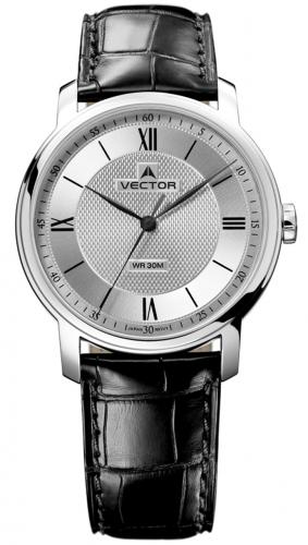 Классические мужские часы VECTOR V8-0715155 steel с римскими цифрами на белом циферблате, черный кожаный ремешок.
