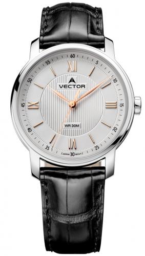 Классические мужские часы VECTOR V8-07151554 steel с белым циферблатом на черном ремне, индексы и стрелки rose gold.