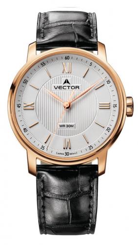 Позолоченные gold классические мужские часы VECTOR V8-0715954 steel на черном ремешке с гильошированным циферблатом.