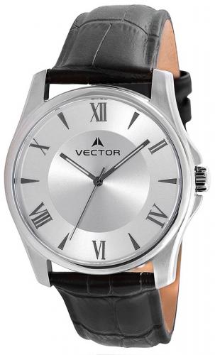 Классические мужские часы VECTOR V8-072516 steel с римскими цифрами на серебристом циферблате, черный ремень.