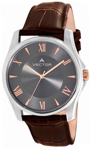Классические мужские часы VECTOR V8-0725164 black черные с римскими цифрами и индексами rose gold на кожаном ремне.
