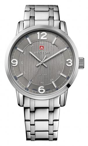 Мужские милитари часы VECTOR V8-080413 gray с арабскими цифрами на сером циферблате, на стальном браслете, Neobrite.