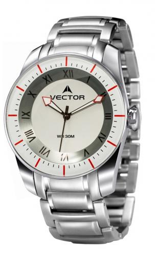 Спортивные мужские часы VECTOR V8-084415 steel с римскими цифрами на белом циферблате, браслет из нержавеющей стали.
