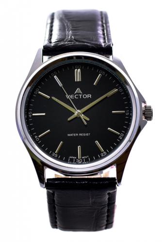 Классические мужские аналоговые часы VECTOR V8-102513 black черные с индексами на циферблате, на кожаном ремешке.